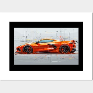 Orange C8 Corvette Tech Drawing Supercar Racecar Amplify Orange Corvette C8 Posters and Art